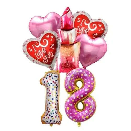 18th Birthday Lipsticks Theme Decoration Set with Lipsticks Foil Balloon Heart Balloon for Birthday Decoration Set of 7