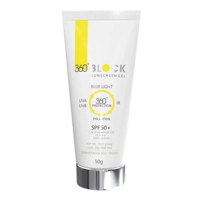 360 Block Sunscreen Gel SPF 50+ – protects from UVA, UVB, INFRA-RED RADIATION (IR), BLUE LIGHT & ATMOSPHERIC POLLUTANTS