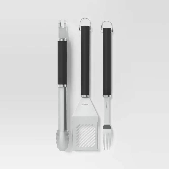 3pc Stainless Steel Grill Tool Set with Handles Light Silver – Room Essentials™ BBQ Accessories, Polypropylene Grip, No Assembly Required