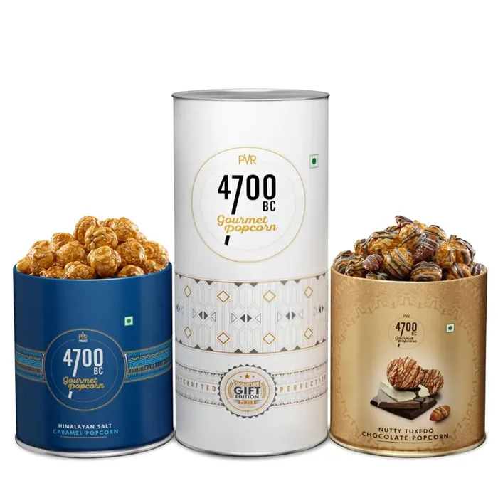 4700BC Gourmet Popcorn, Combo box,(2 Tins 1 Himalayan Salt Caramel, 1 Nutty Tuxedo Chocolate), 275gm