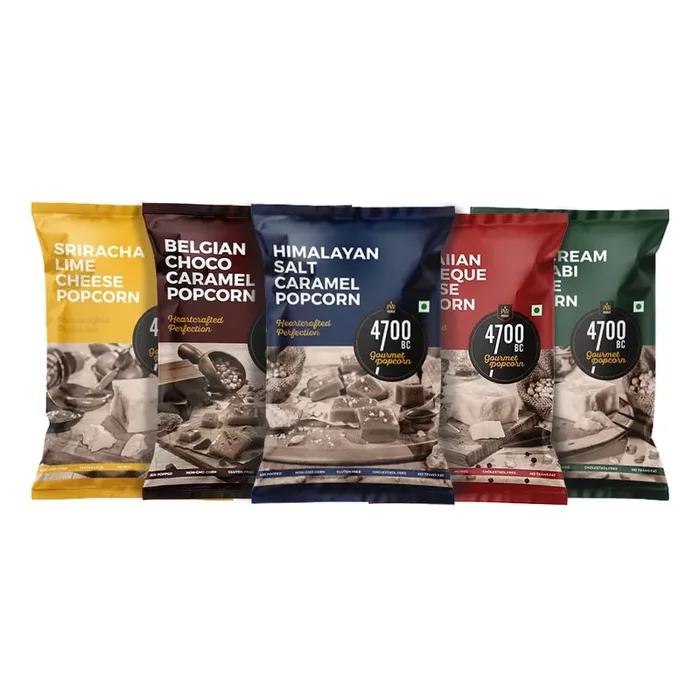 4700BC Gourmet Popcorn, Combo Pack, Pouch, 475g (5 Flavours 1 Himalayan Salt Caramel, 1 Hawaiian Barbeque Cheese, 1 Sriracha Lime Cheese, 1 Belgian Choco Caramel and 1 Sour Cream and Wasabi Cheese)