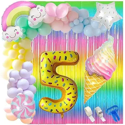 5 Number Ice Cream Balloon Garland Kit 60 Pcs Pastel Balloons Rainbow Ice Cream Curtains ArchGlue Dot Party Balloons Birthday And Ice Cream Theme Party Decorations (5 NUMBER)