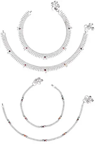 AanyaCentric Indian Ethnic Payal White Metal Silver Anklets Ankle Bracelet Two Pair 10 inches Long Vintage Style for Womens Girls Fashion Anklet Feet Jewelry Beach Wedding Sandals Jingle Bell Charm