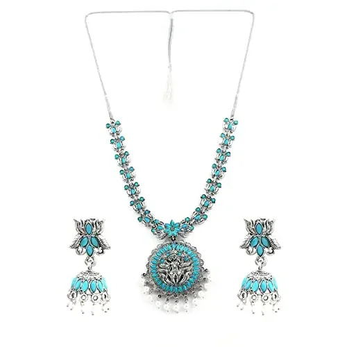 ACCESSHER Blue Stones Studded Temple Jewellery Inspired Lotus Motifs Lakshmi Mata Antique Oxidized Necklace Set with Jhumki Earrings for Women and Girls One Size Brass Diamond