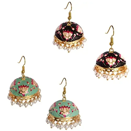 Adorn Meena Work Floral & Leaf Shaped Jhumki Combo for Women PAJMC-16M-18YPR