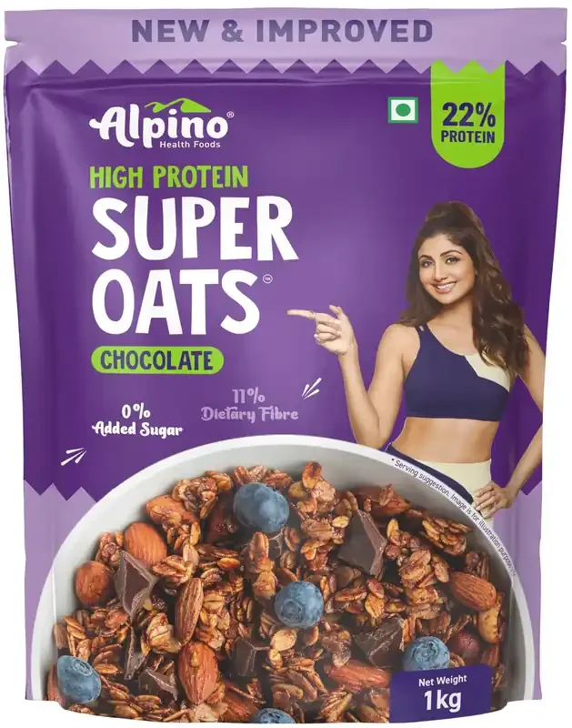ALPINO High Protein Super Oats Chocolate 1kg – Rolled Oats, Natural Peanut Butter, Cocoa Powder, Nuts & Seeds – 22% Protein, Source of Dietary Fibre & Healthy Fats, No Added Sugar & Salt