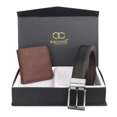 Amicraft Men‘s Combo Pack of Faux Leather Wallet and Belt (Brown and BlackFree Size)