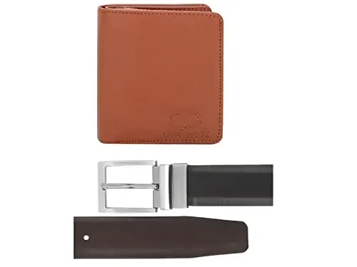 Amicraft Men‘s Combo Pack of Faux Leather Wallet and Belt(Tan and BlackFree Size)