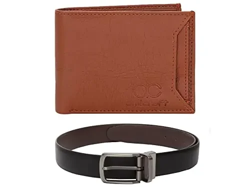 Amicraft Men‘s Combo Pack of Faux Leather Wallet and Belt(Tan and BlackFree Size)