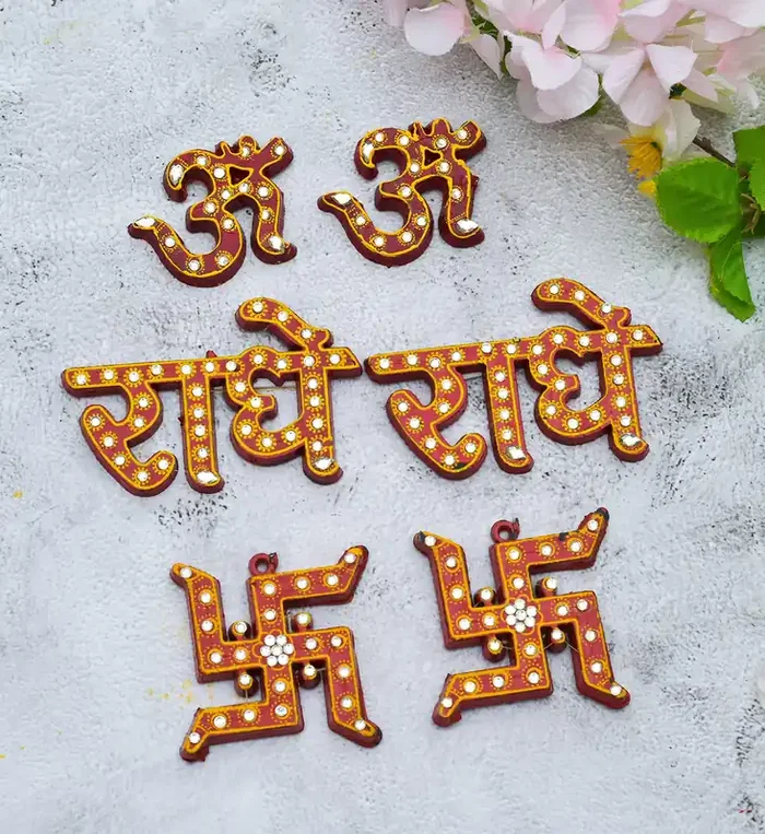 Archna Handicraft Plastic Om Swastik Radhey Stickers Wall Stickers for Home Decor (Gold)