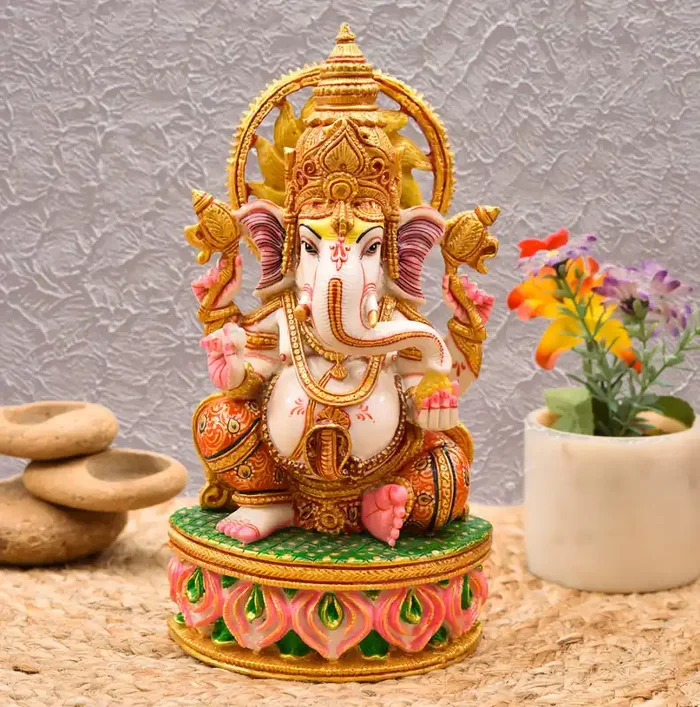 Archna Handicraft Polyresin Ganesh Ji Murti for Pooja Room Lord Ganesha Singhasan Idol for Home Office Décor (7×4 Inch)