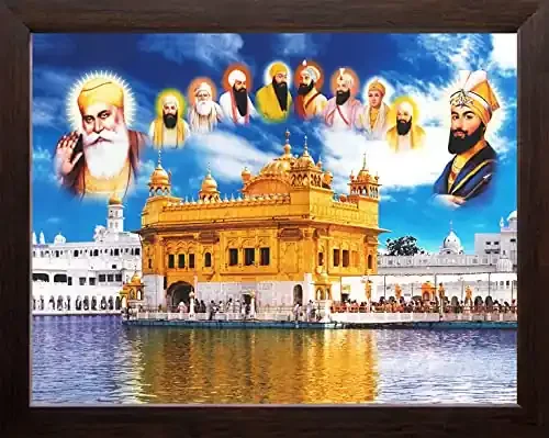 Art n Store Ten Sikh Gurus and Golden Temple HD Printed Religious & Decor Picture Painting with Frame (30 X 23.5 X 1.5 CM_ Brown Wood)