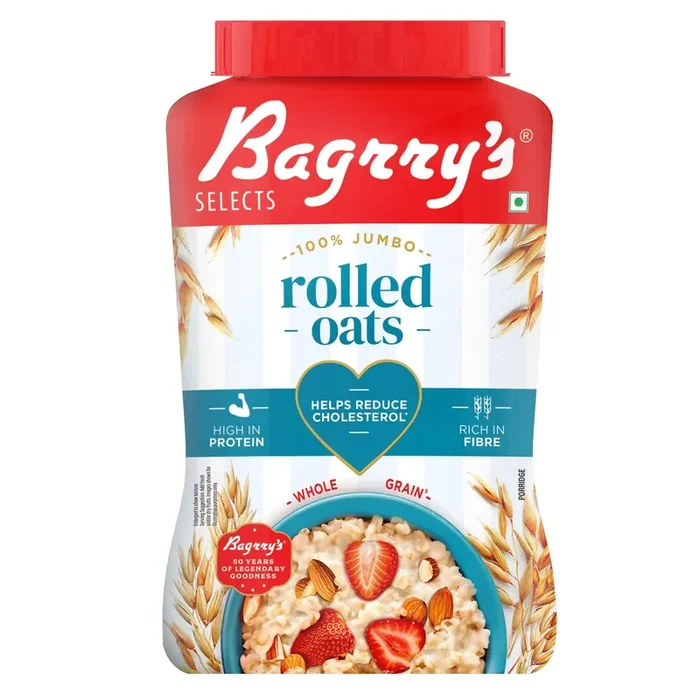Bagrry’s 100% Jumbo Rolled Oats 1kg Jar Whole Grain Oats with High Fibre, Protein Non GMO Healthy Food with No Added Sugar Diet food for Weight Management Premium Rolled Oats Nutritious & Healthy Breakfast Cereal Instant Oats