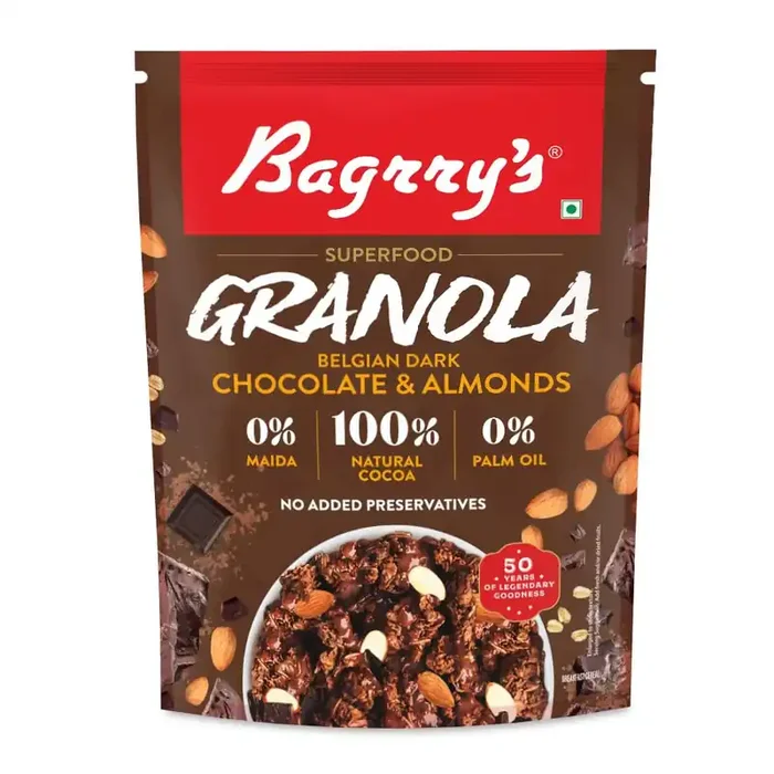 Bagrry’s Superfood Granola Belgian Dark Chocolate & Almonds 400g Pouch 40% Oats & Quinoa Flakes 100% Natural Cocoa Plant Based High in Fibre & Protein Breakfast Cereal Crunchy Granola