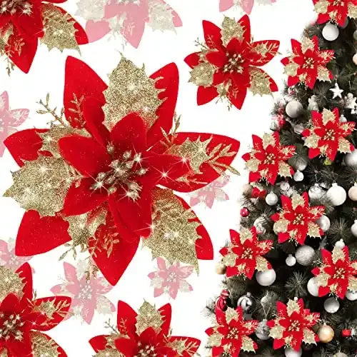 BAOTUJIA 12Pcs Christmas Poinsettias Flowers Decoration Artificial Flowers for Christmas Tree Ornaments Suitable for Home Christmas Decorations Xmas Tree Decorations Items Wreath Making