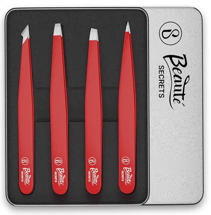 BeautÃ© Secrets Tweezers Set – Professional Stainless Steel Tweezers Best Precision Tweezers for Eyebrows – Great Precision for Facial Hair Ingrown Hair Splinter Blackhead Remover Red