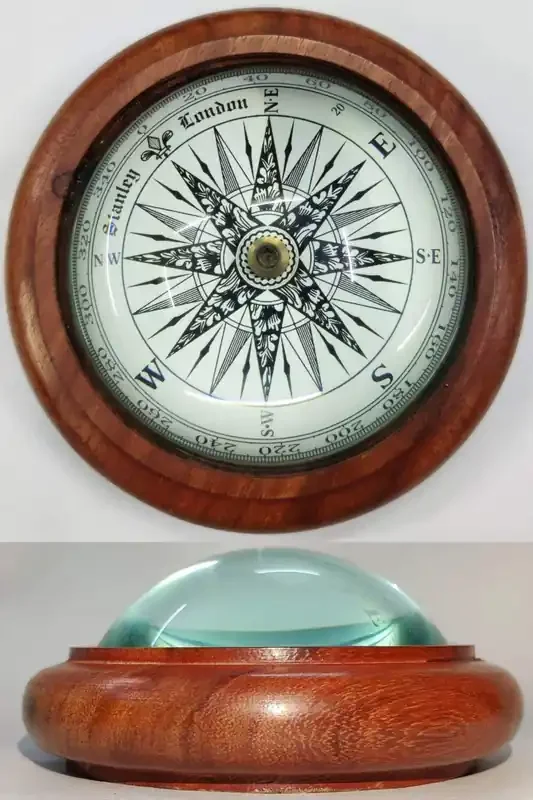 BEHAT BRASS WIND CHIMES – HANGING BELLS Half Moon Optical Illusion Desk Paper Weight Compass Wooden Solid Lens Nautical Compass