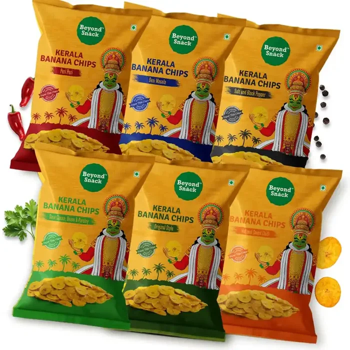 Beyond Snack Nendran Kerala Banana Chips Combo pack (Original Salted, Desi Masala , Salt and Pepper,Peri Peri, Sour Cream Onion Parsley, Hot and Sweet Chilli ) Thin Crunchy Crispy Snack 600g (100g*6packs)