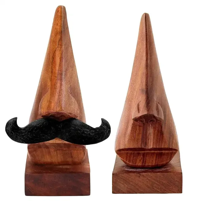 BIJNOR – METAL INLAY IN WOOD Handmade Wooden Nose Shaped Spectacle Specs Eyeglass Holder Stand with One Moustache – Set of 2