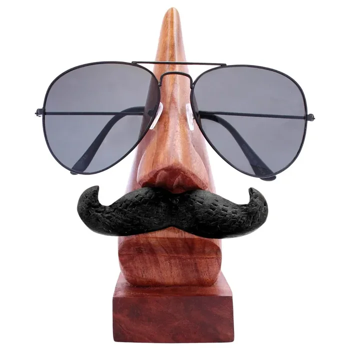 BIJNOR – METAL INLAY IN WOOD Handmade Wooden Nose Shaped Spectacle Specs Eyeglass Holder Stand with Moustache (Standard Size Brown)