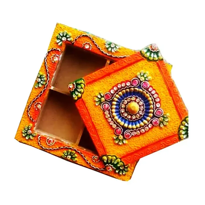BIKANER GANGAUR IDOL 4 Section Square Decorative Wooden Handmade Handicraft Dry Fruit Box One Set with Mina-kart Dhakan (Multicolor 12x12inch)
