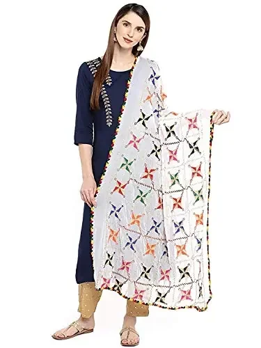 Biluniya Creations Women‘s Soft Chiffon Punjabi Fulkari Hand Embroidered White Dupatta/Stole/Wrap For Women & Girl‘s