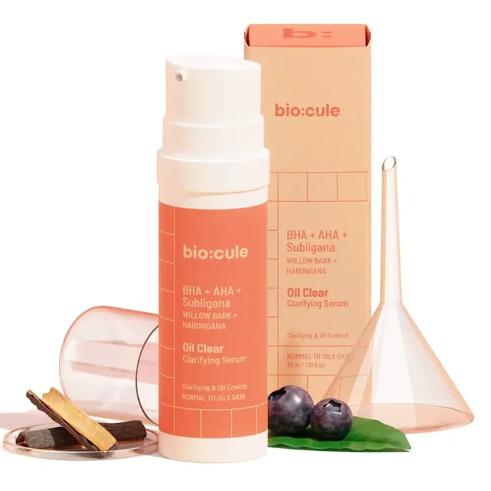 Biocule Oil Clear Clarifying Serum AHA BHA Serum from Willow Bark & Fruit Mix with Subligana from Harungana for Oil Control Pore Tightening & Even Skin Face Serum for Oily Skin 30ml