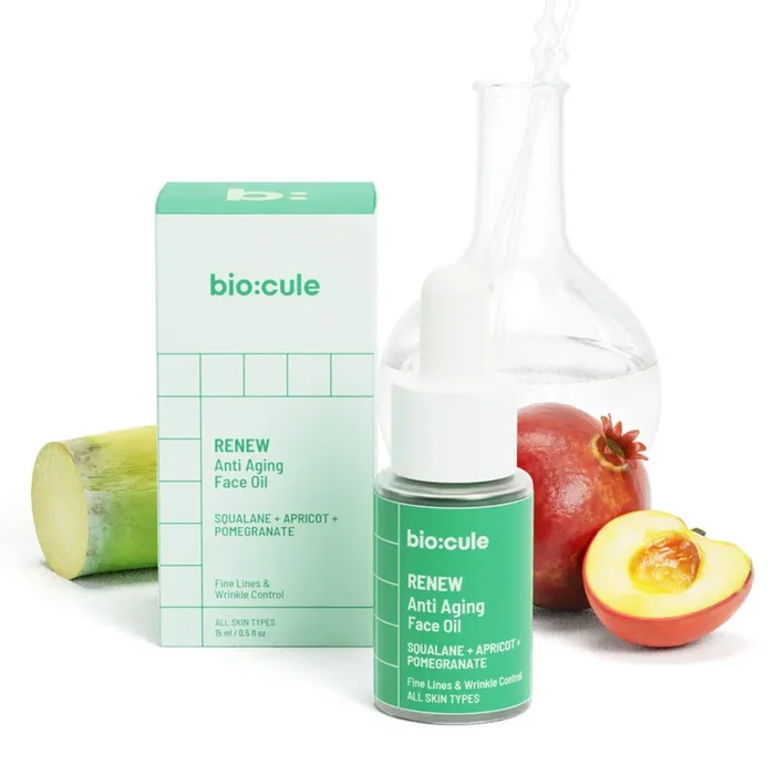 Biocule RENEW Anti Aging Face Oil with Sugar Squalane Apricot & Pomegranate Oils Natural Facial Oil for Fine Lines & Wrinkle Repair Lightweight & Fast Absorbing Suitable for All Skin Types 15ml