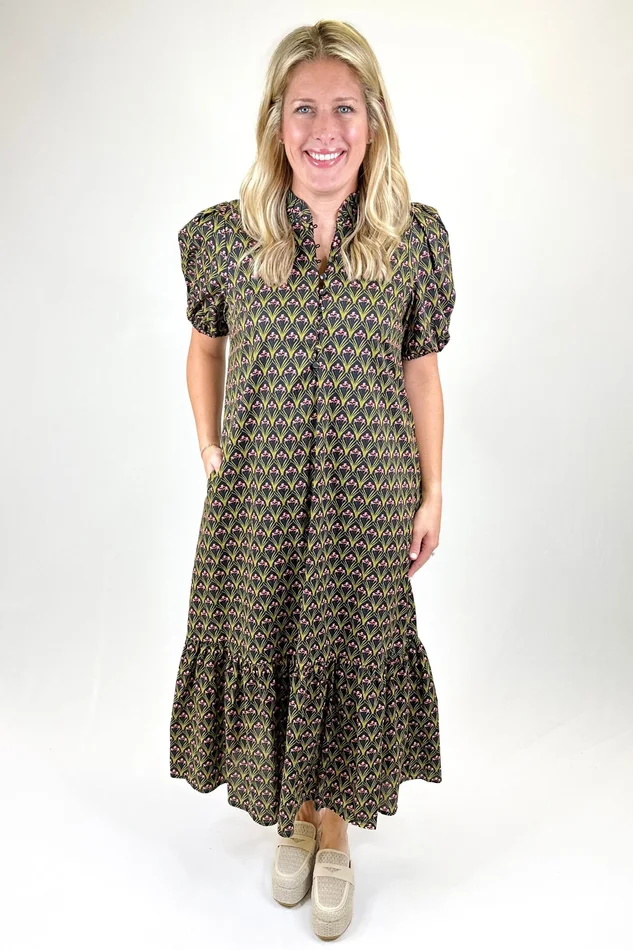 BLACK BOTANICAL PATTERN MIDI DRESS