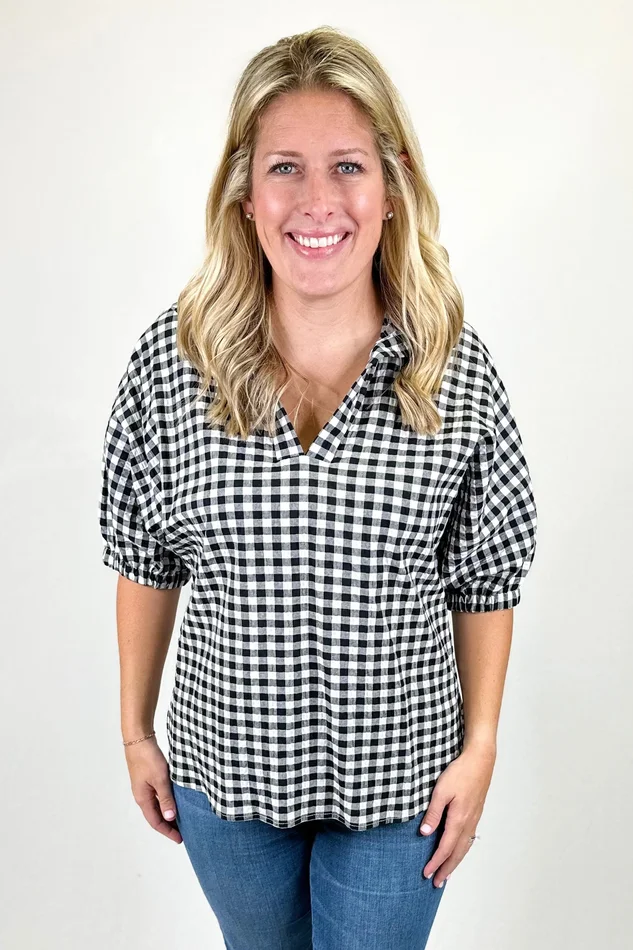 BLACK GINGHAM DROP SHOULDER COLLAR TOP