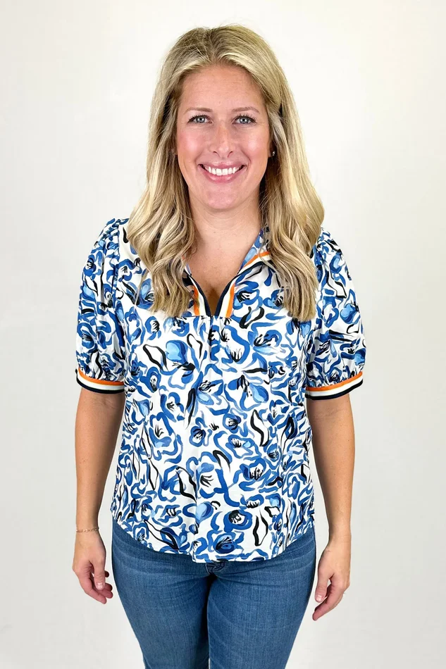 BLUE FLORAL & ORANGE STRIPE TRIM TOP