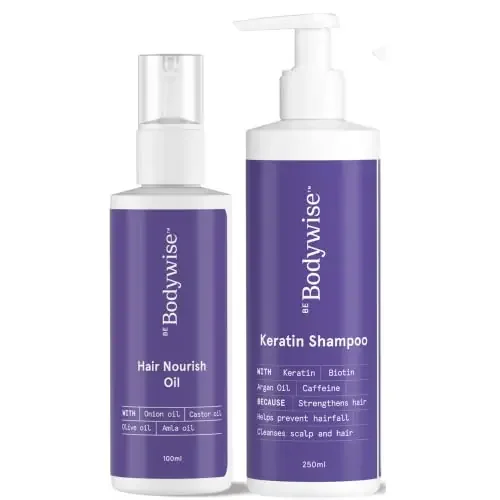 Bodywise Nourish Hair Kit for Woman Keratin Hair Fall Control Shampoo 250ml Nourish Hair Oil 100ml Reduces Hair Fall Prevents Dandruff and Hair Thinning Paraben & SLS Free