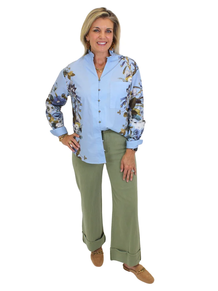Botanical Button Down Top – Light Blue