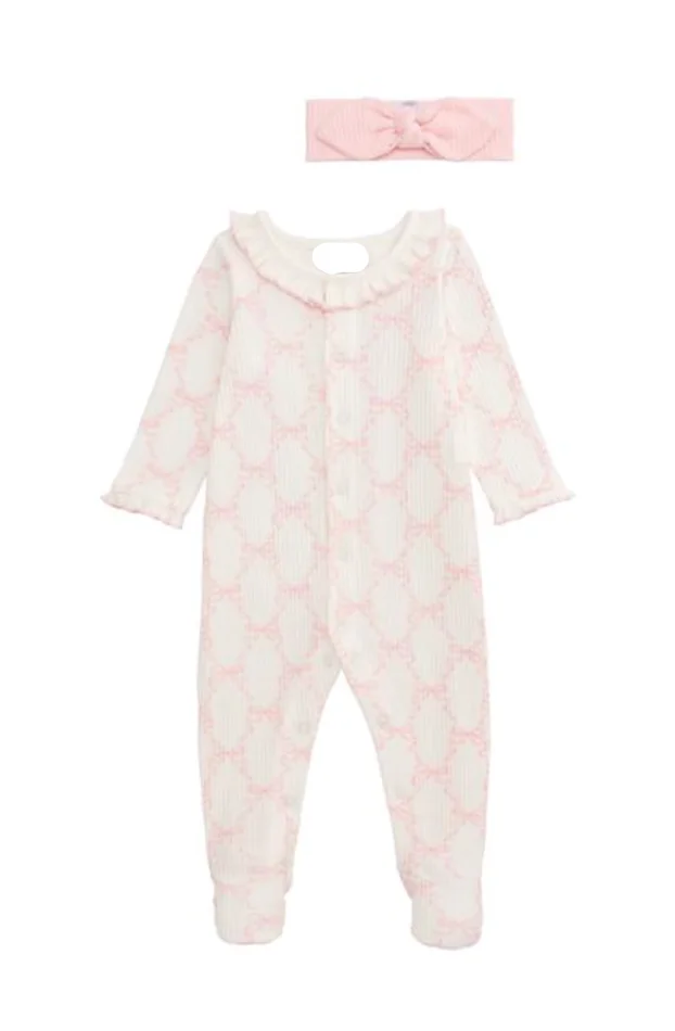 BOW PRINT RIBBED FOOTIE & HEADBAND SET