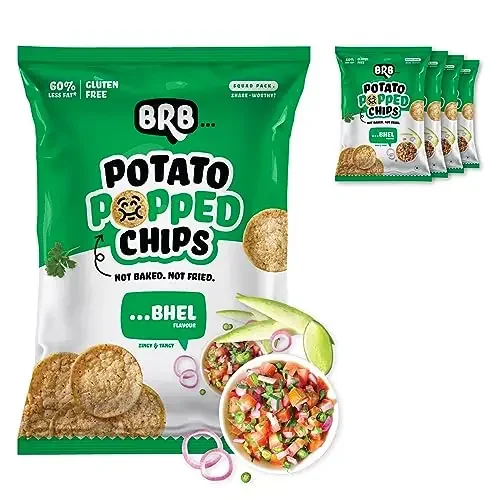 BRB Popped Potato Chips Not Baked, Not Fried Bhel Flavour 5 Packs X 48g 60% Less Fat Low Calorie Healthy Snack, Large