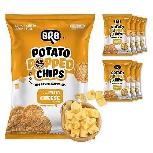 BRB Popped Potato Chips Not Baked, Not Fried Pasta Cheese Flavour 8 Packs X 48 Grams 60% Less Fat Low Calorie Healthy Snack