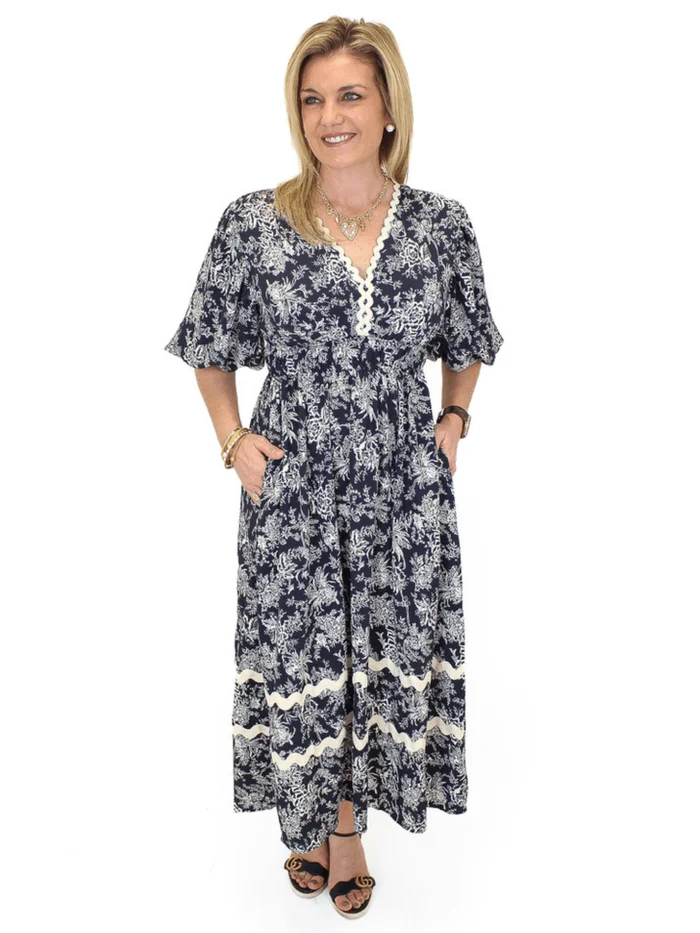 Bubble Sleeve Floral Midi Dress – Navy