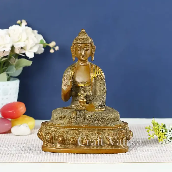BUDDHA TIBETAN RELIGIOUS GOODS 8″ Tall Tibetan Buddha Idols Antique Finish Brass Handmade Abhaya Buddha Statue On Lotus Buddhism Home Decor