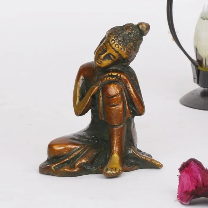 BUDDHA TIBETAN RELIGIOUS GOODS Brass Buddha Thinking Gautam Buddha Resting Statue for Home Decor Office Table Showpiece Religious Gift 2.5 Inch