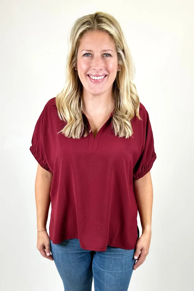 BURGUNDY VNECK COLLAR RELAXED TOP