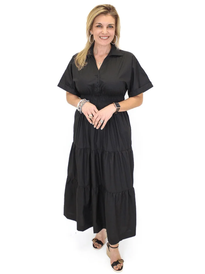 Button Down Tiered Midi Dress – Black