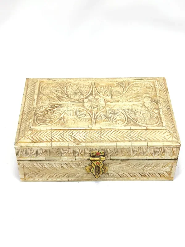 CAMEL BONE ARTICLES Antique Handcrafted Trinket Box Natural Camel Bone Chips on Wood Hand Engraved A