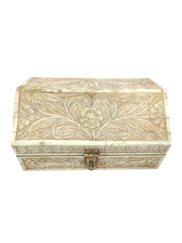 CAMEL BONE ARTICLES Antique Handcrafted Trinket Box Natural Camel Bone Chips on Wood Hand Engraved