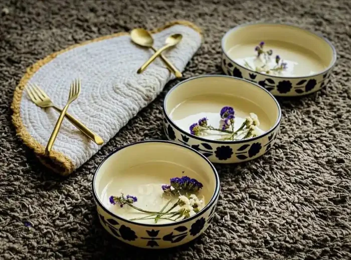Ceramic Kitchen Blue & White Hand Painted Flat Bowl Set of 3