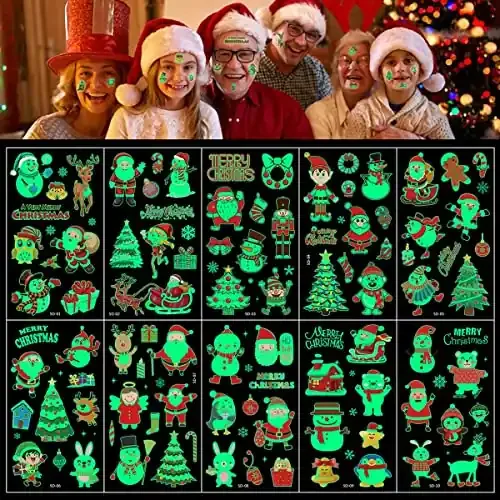 Christmas Vibes 10 Sheets Temporary Tattoo Sticker For Kids Waterproof Cartoon Fake Tattoo Sticker Glow in The Dark Unicorn Mermaid Outspace Dinosaur Tattoo Christmas Halloween Supplies Gift