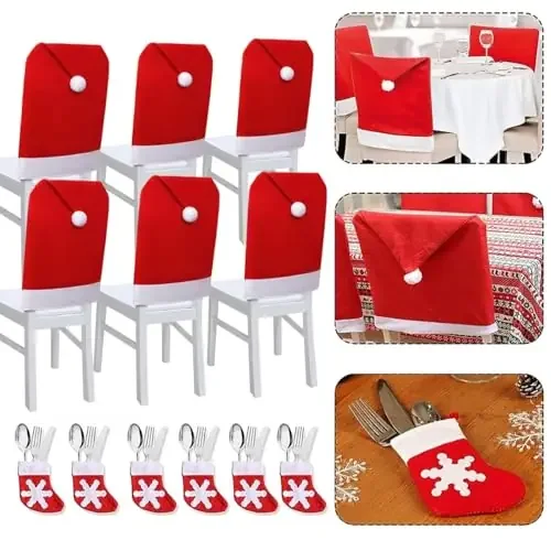 Christmas Vibes Christmas Chair Cover Set of 6 Christmas Sock Cutlery Holder for Table Christmas Hat Dining Christmas Chair Cover Universal Christmas Decorations Items 12pcs