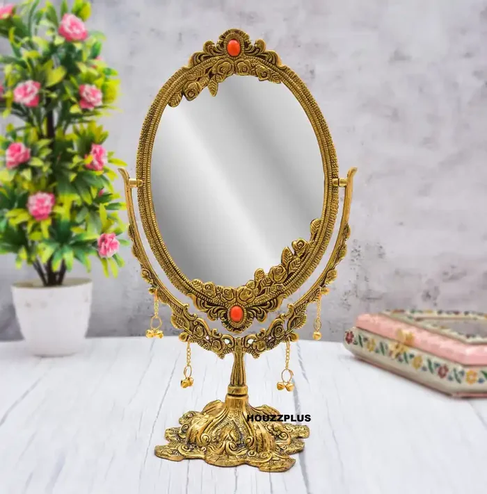 CHURU SILVERWARE Aluminium Frame Antique Look Double-Sided Vanity Mirror with Stand (Gold) (Tabletop Mount Oval framed)