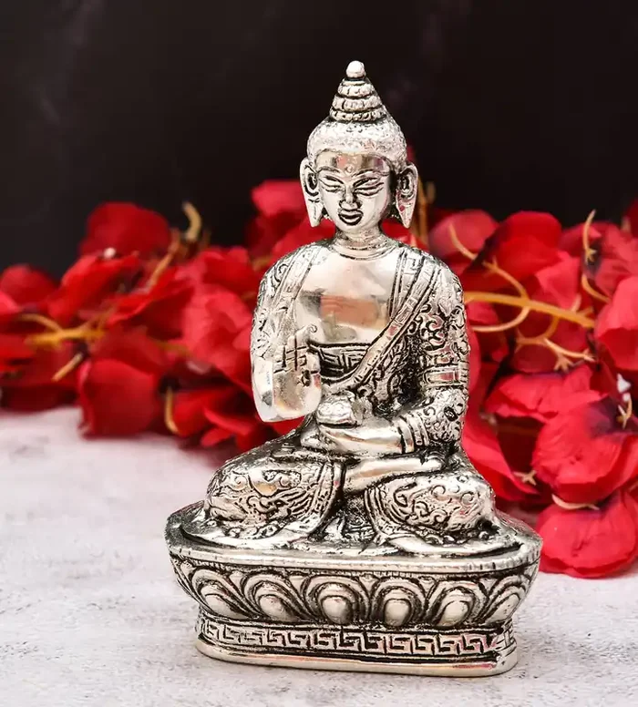 CHURU SILVERWARE Buddha Idol Statue Metal Silver Plated Lord Blessing Buddha Idols Showpiece for Home Decor Living Room Table Top Garden Diwali Decoration Items & Gifting