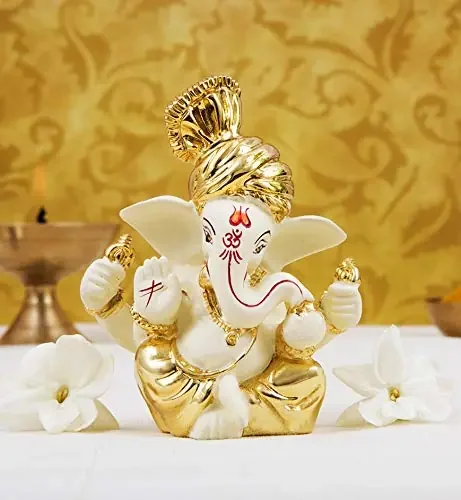 CHURU SILVERWARE Ceramic Ganesh Idol for Car Dashboard(6x4x3cm Gold)