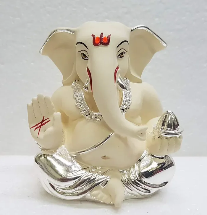 CHURU SILVERWARE Ceramic Ganesha Car Dashboard Idol 2 Inches Silver and Chandan